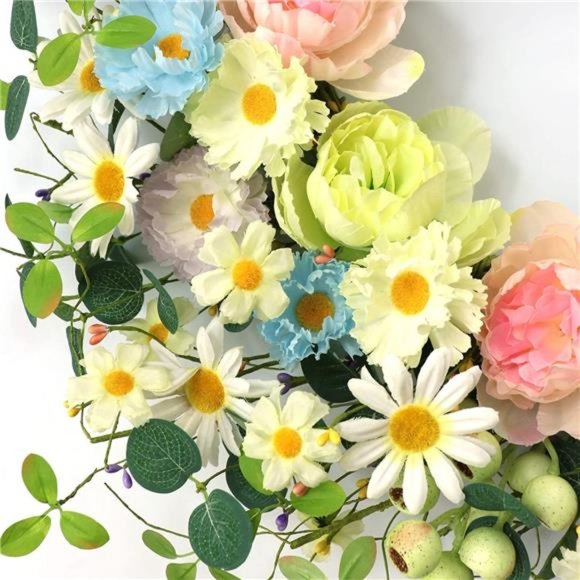 24” Artificial Flower Wreath,Daisy and Rose Wreath Colorful Spring/Summer Floral - Picture 4 of 7